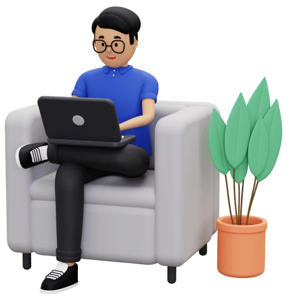 ADKTO 1 Ilustración 3D de un experto de la agencia ADKTO trabajando con un computador portátil, representando servicios de diseño web y estrategia digital en Chile.