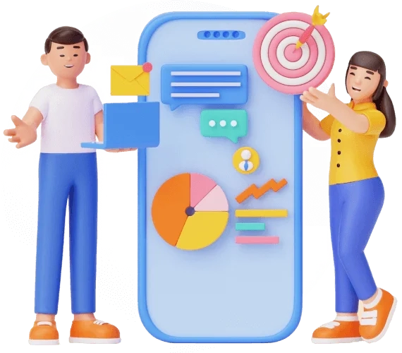 ADKTO 2 lustración 3D de piezas de rompecabezas y engranajes azules que representan la integración de servicios de marketing y diseño en ADKTO.